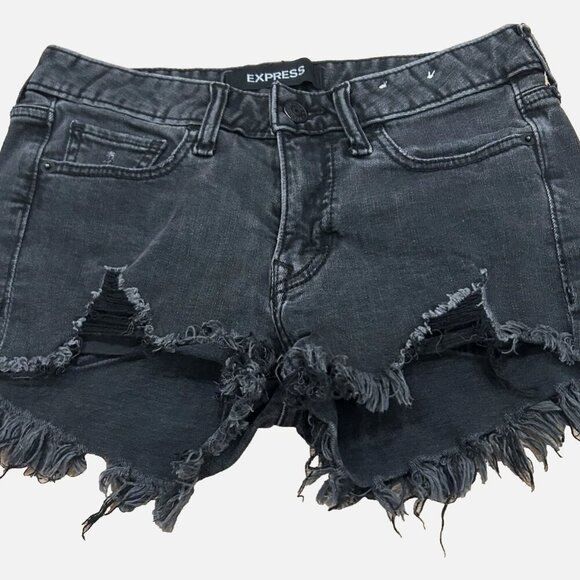 EXPRESS Women's 00 Shortie Relaxed Low-Rise Distressed Black Denim Jean Shorts - Picture 2 of 4